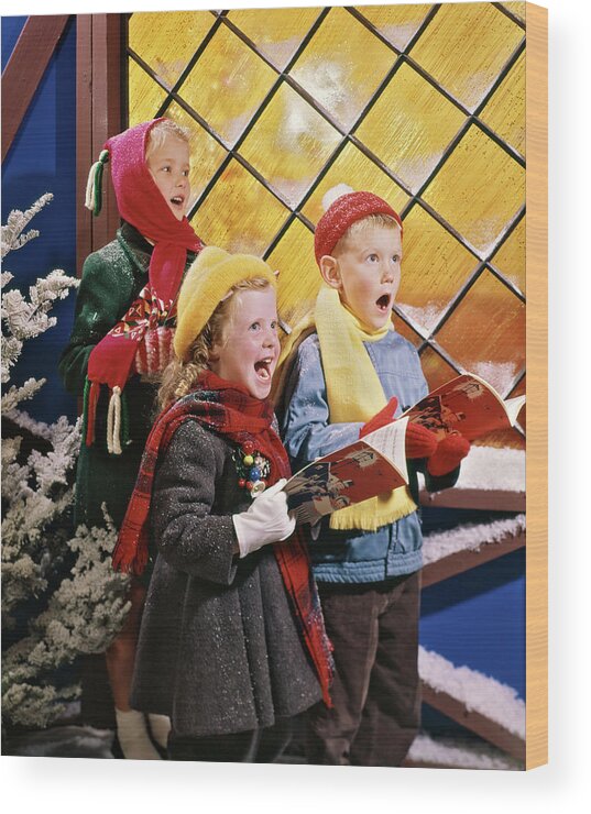 Photography Wood Print featuring the photograph 1980s Kids Singing Christmas Carols by Vintage Images