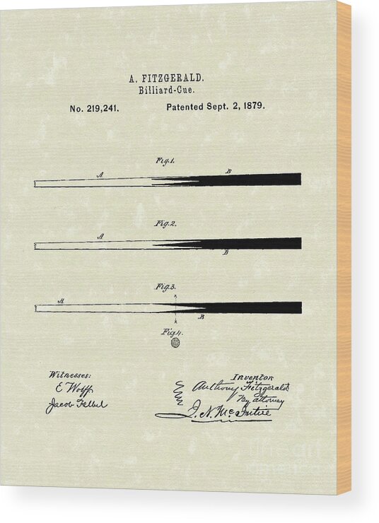 Fitzgerald Wood Print featuring the drawing Billiard Cue 1879 Patent Art #2 by Prior Art Design
