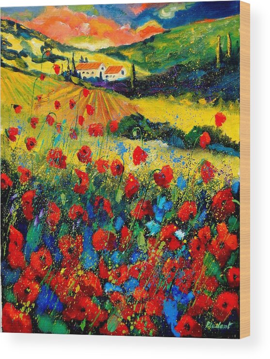 Flowersn Landscape Wood Print featuring the painting Poppies in Tuscany #4 by Pol Ledent