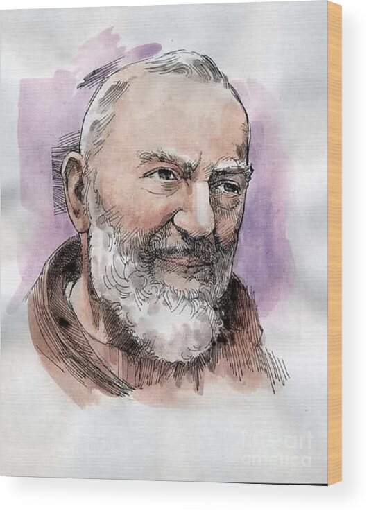 Prayer Wood Print featuring the drawing Padre Pio by Matteo TOTARO