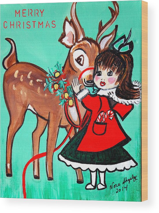 Little Girl With Reindeer Wood Print featuring the painting Little Girl With Reindeer by Nora Shepley