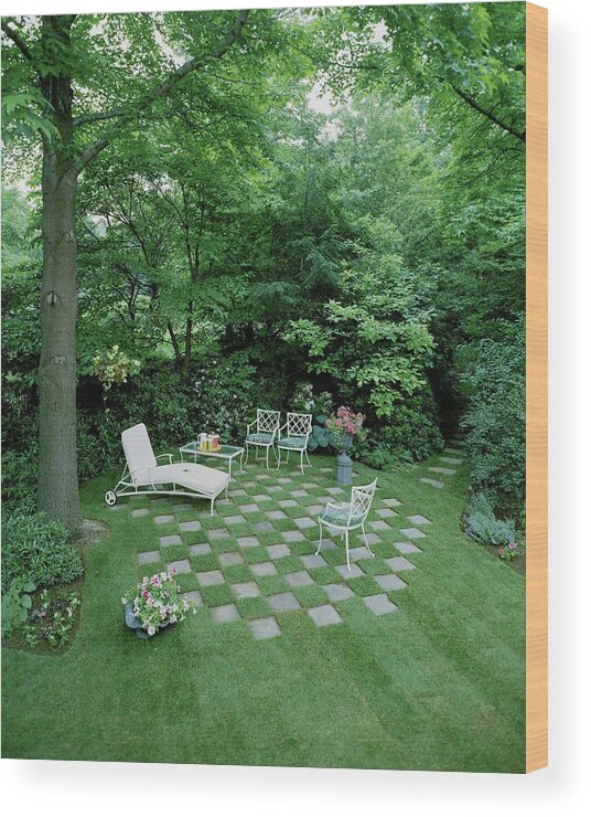 Decorative Art Wood Print featuring the photograph A Garden With Checkered Pavement by Pedro E. Guerrero