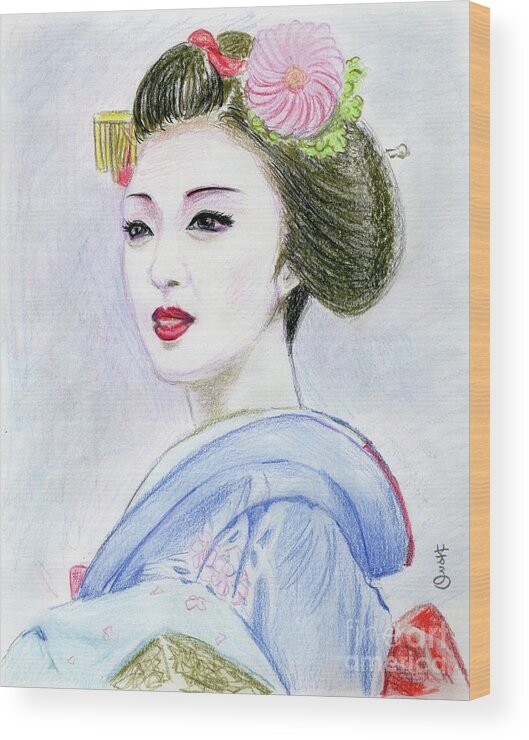 Geisha Wood Print featuring the drawing A Maiko Girl by Yoshiko Mishina