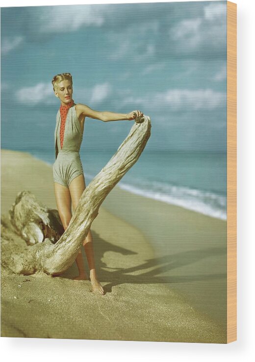 Fashion Wood Print featuring the photograph A Model Wearing A Gray V-midriff Swimsuit by Serge Balkin