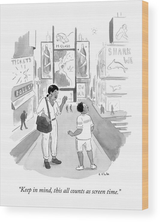 Computers Wood Print featuring the drawing A Mom Says To Her Enraptured Son In Times Square by Emily Flake