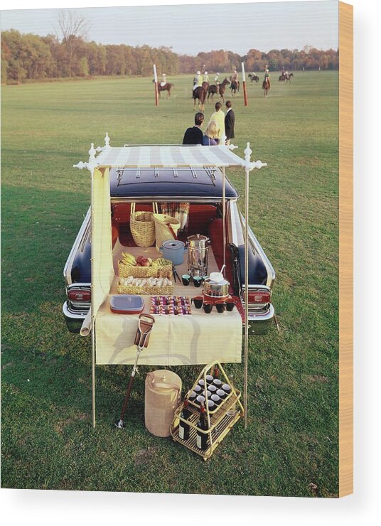 Food Wood Print featuring the photograph A Picnic Table Set Up On The Back Of A Car by Rudy Muller