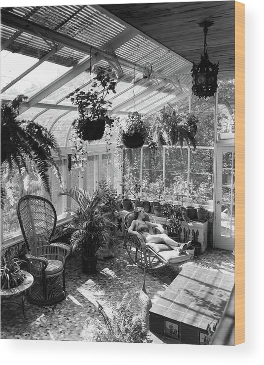 Architecture Wood Print featuring the photograph A Woman Resting On A Chair Inside A Greenhouse by Eric J. Baker