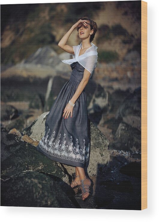 Fashion Wood Print featuring the photograph A Woman Wearing A Linen Dress by Frances Mclaughlin-Gill