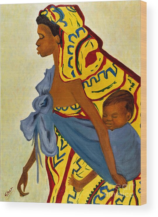 Africa Wood Print featuring the painting Mama Toto African Mother and Child by Sher Nasser