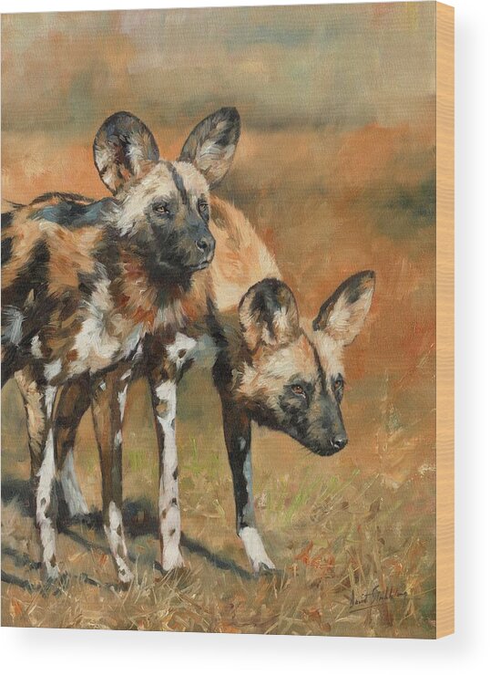 Wild Dogs Wood Print featuring the painting African Wild Dogs by David Stribbling