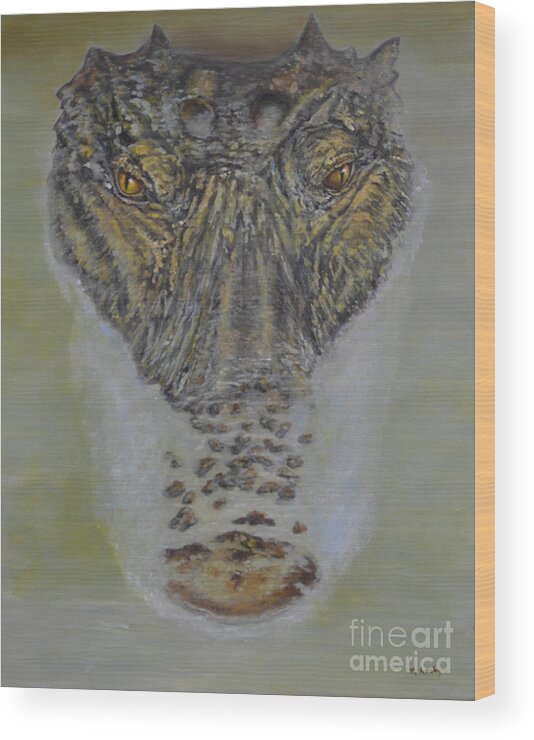 Alligator Wood Print featuring the painting Alligator Alert by Nancy Lauby