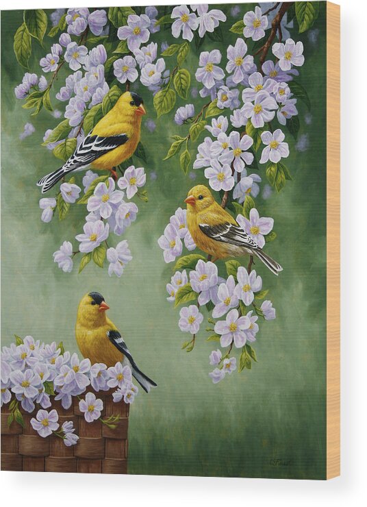 Bird Wood Print featuring the painting American Goldfinches and Apple Blossoms by Crista Forest