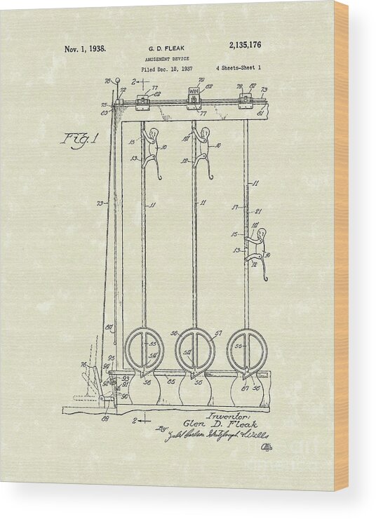 Fleak Wood Print featuring the drawing Amusement Device 1938 Patent Art by Prior Art Design