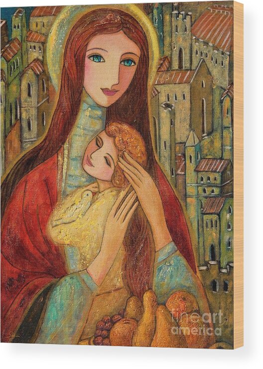 Mother And Child Wood Print featuring the painting Ancient Mother and Son by Shijun Munns