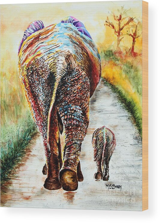 Elephants Wood Print featuring the painting Are We There Yet? by Maria Barry