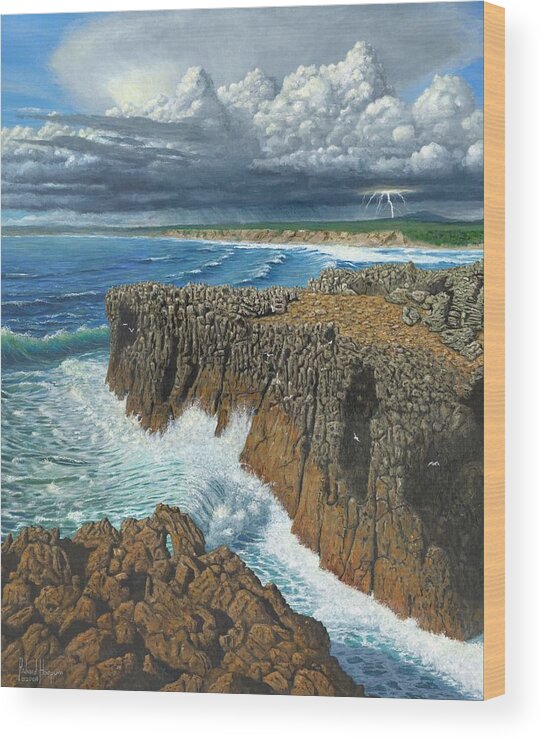 Landscapes Wood Print featuring the painting Atlantic Breakers Pontal Portugal by Richard Harpum