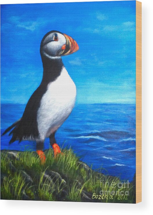 Atlantic Puffin Wood Print featuring the painting Atlantic Puffin 2 by Bozena Zajaczkowska