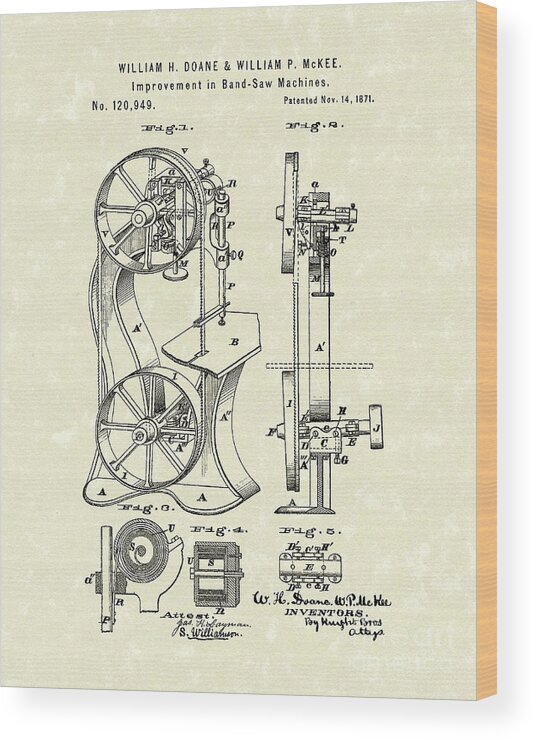 Doane Wood Print featuring the drawing Band Saw 1871 Patent Art by Prior Art Design