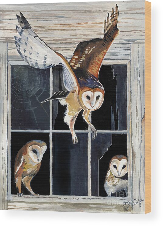 Owls Wood Print featuring the painting Barn Owl Family by Suzanne Schaefer