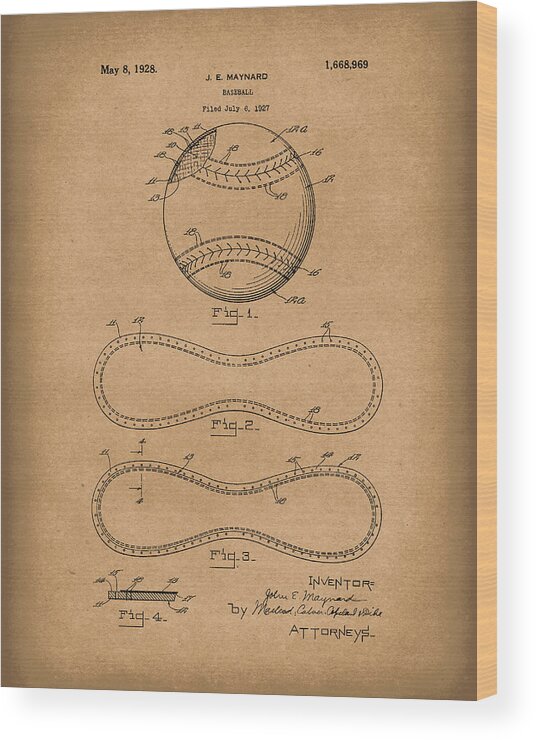 Baseball Wood Print featuring the drawing Baseball By Maynard 1928 Patent Art Brown by Prior Art Design