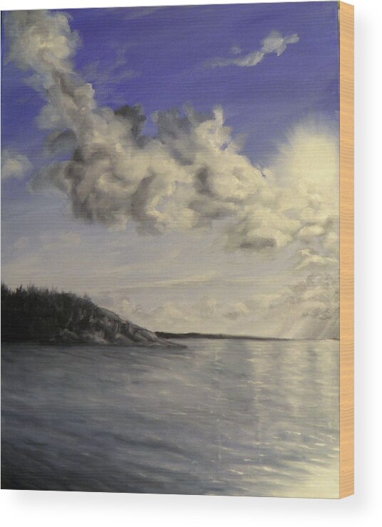 Water Sea Ocean Island Mountain Clouds Sky Blue Sun Shine Reflections Shadows Shade Waves Grey White Trees Bush Rocks Wood Print featuring the painting Becoming Spring by Ida Eriksen