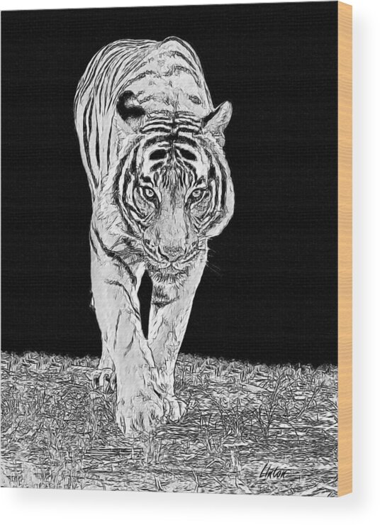 Tiger Wood Print featuring the digital art Black-and-white Tiger by Larry Linton