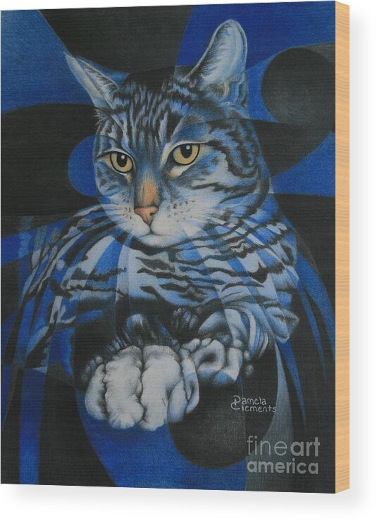 Cat Wood Print featuring the painting Blue Feline Geometry by Pamela Clements