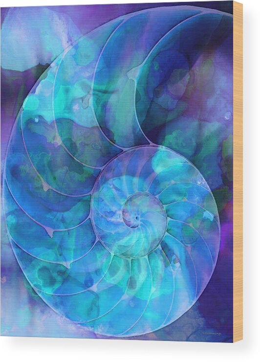 Blue Wood Print featuring the painting Blue Nautilus Shell By Sharon Cummings by Sharon Cummings