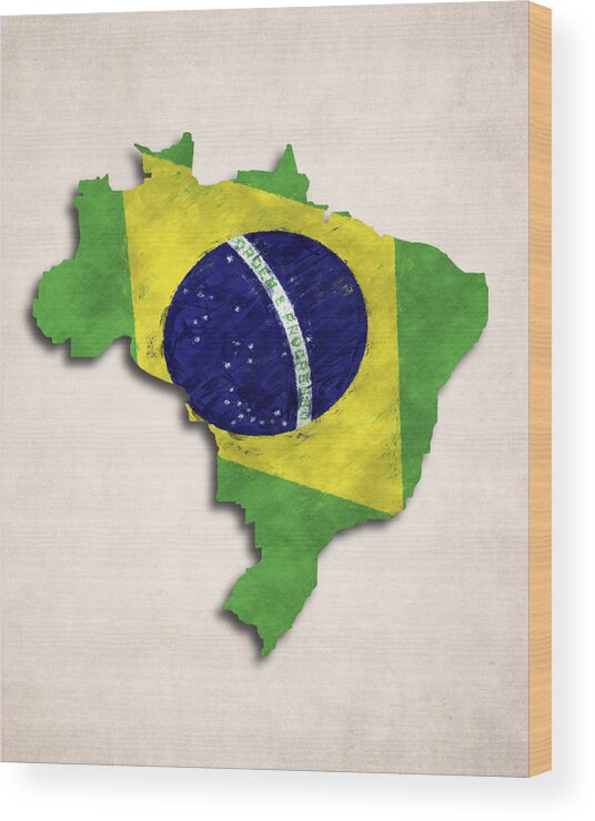 Brazil Wood Print featuring the digital art Brazil Map Art with Flag Design by World Art Prints And Designs