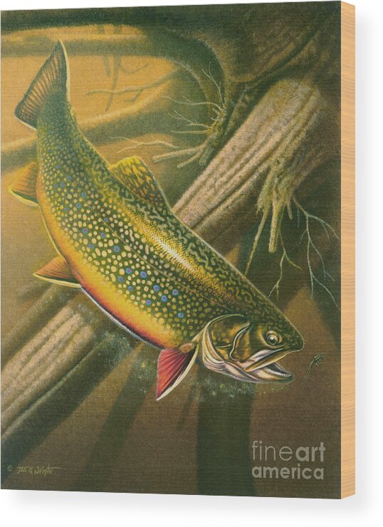 Jon Q Wright Wood Print featuring the painting Brook Trout Hideaway by JQ Licensing
