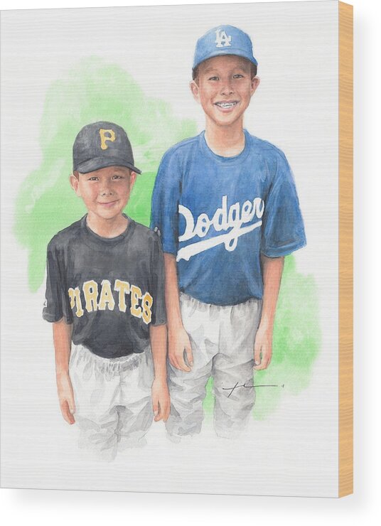 <a Href=http://miketheuer.com Target =_blank>www.miketheuer.com</a> Brothers In Baseball Watercolor Portrait Mike Theuer Wood Print featuring the painting Brothers In Baseball Watercolor Portrait by Mike Theuer