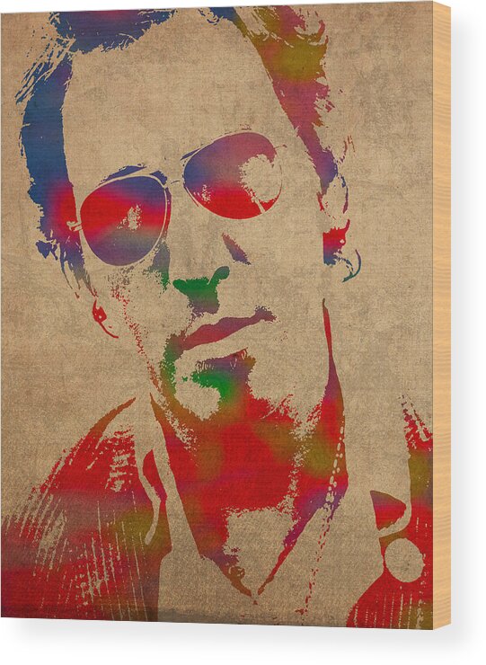 Bruce Springsteen Watercolor Portrait On Worn Distressed Canvas Wood Print featuring the mixed media Bruce Springsteen Watercolor Portrait on Worn Distressed Canvas by Design Turnpike