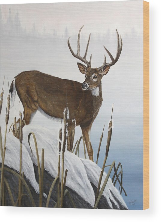 North American Wildlife Wood Print featuring the painting Buck At Waters Edge by Johanna Lerwick