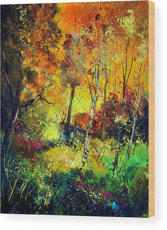 Landscape Wood Print featuring the painting Burning autumn by Pol Ledent
