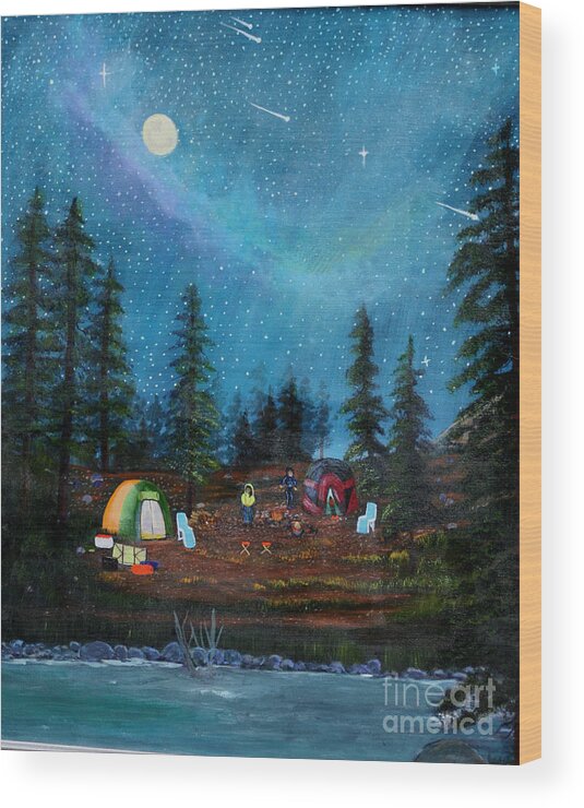 Moon Wood Print featuring the painting Camping Under the Stars by Myrna Walsh