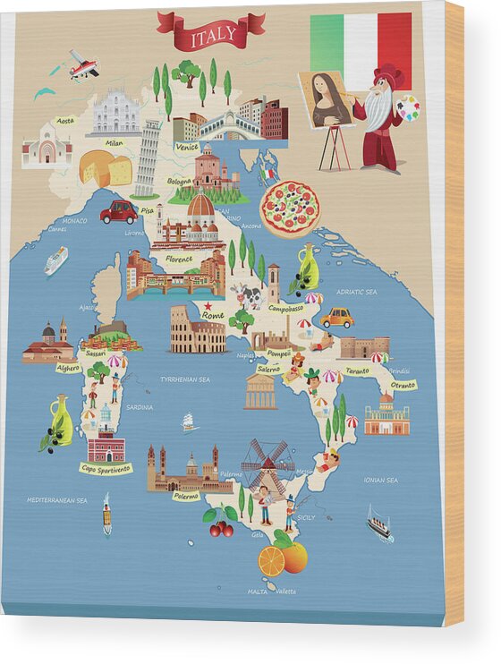 Adriatic Sea Wood Print featuring the digital art Cartoon Map Of Italy by Drmakkoy