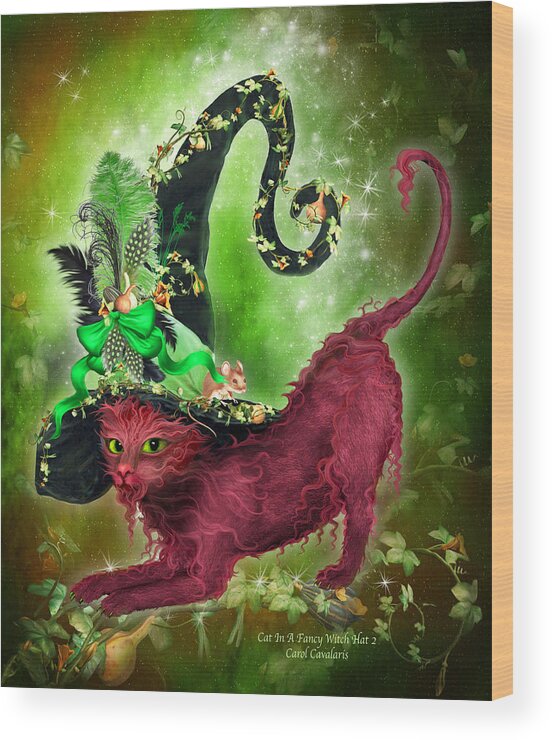 Cat Wood Print featuring the mixed media Cat In Fancy Witch Hat 2 by Carol Cavalaris
