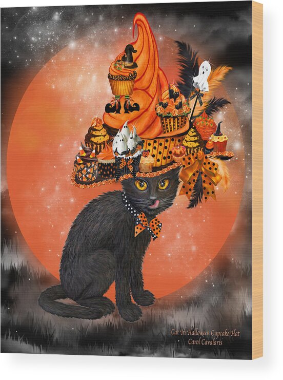 Cat Art Wood Print featuring the painting Cat In Halloween Cupcake Hat by Carol Cavalaris