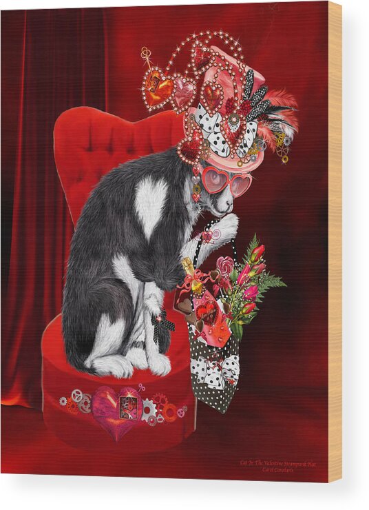 Cat Wood Print featuring the mixed media Cat In The Valentine Steam Punk Hat by Carol Cavalaris