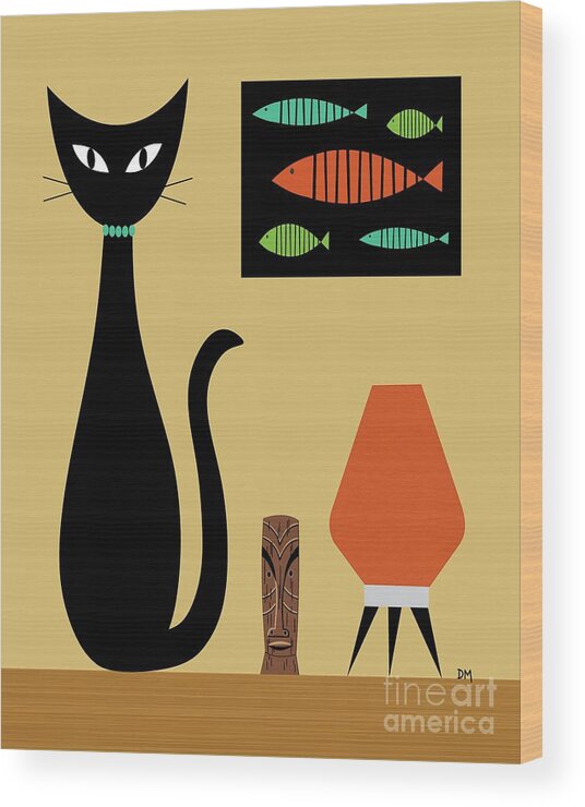 Mid Century Modern Wood Print featuring the digital art Cat on Tabletop by Donna Mibus