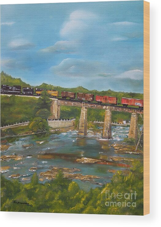 Trains Wood Print featuring the painting Chattahoochee Choo Choo - Train on Trestle - Columbus GA by Jan Dappen
