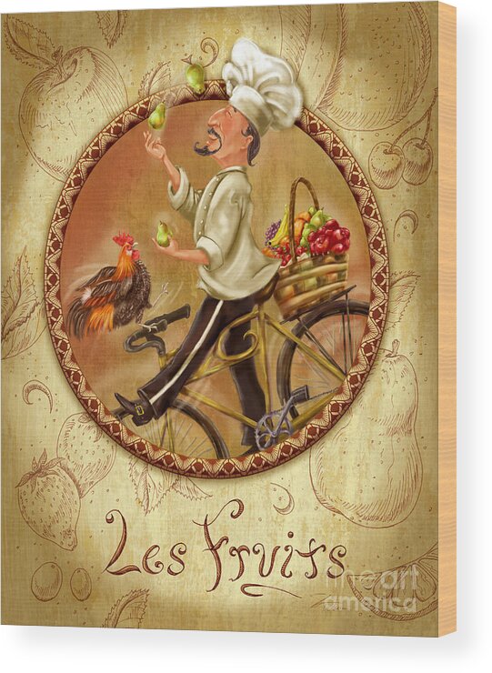 Chef Wood Print featuring the mixed media Chefs on Bikes-Les Fruits by Shari Warren