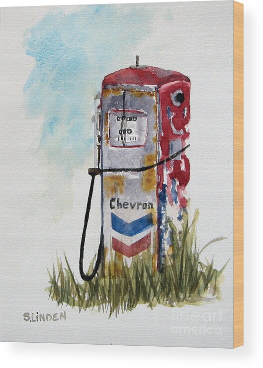 Painting Of An Old Abandoned Chevron Gasoline Pump Wood Print featuring the painting Chevron by Sandy Linden