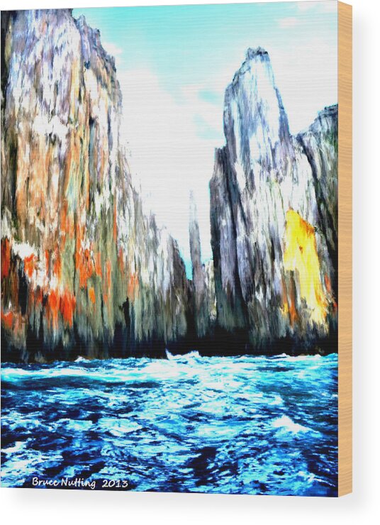 Ocean Wood Print featuring the painting Cliffs by the Sea by Bruce Nutting