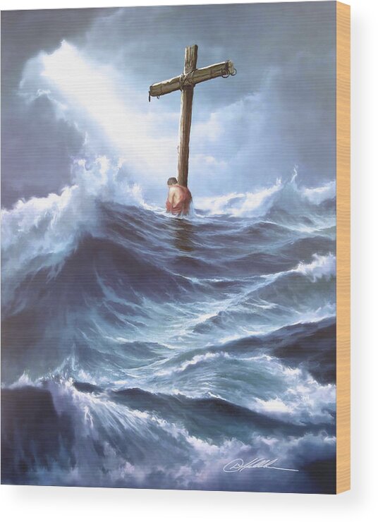 Christian Wood Print featuring the painting Clinging to the Cross by Danny Hahlbohm
