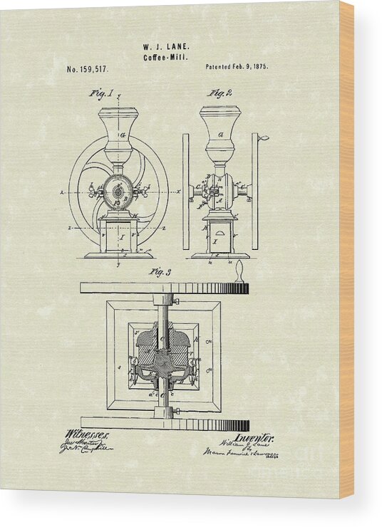 Lane Wood Print featuring the drawing Coffee Mill 1875 Patent Art by Prior Art Design