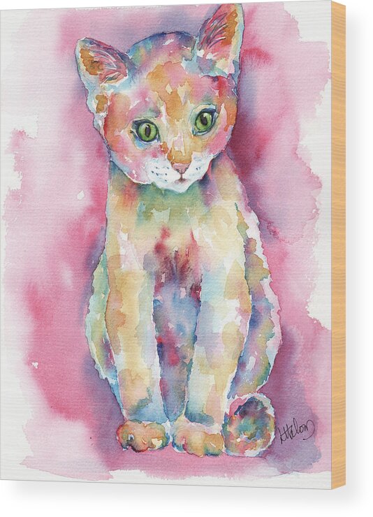 Cat Painting Wood Print featuring the painting Colorful Kitten by Greg and Linda Halom