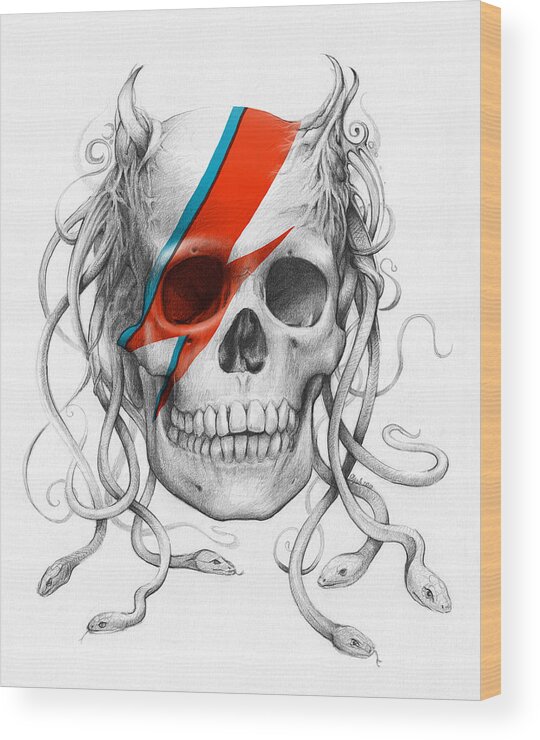 David Bowie Wood Print featuring the drawing David Bowie Aladdin Sane Medusa Skull by Olga Shvartsur