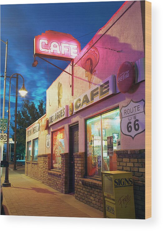 Shadow Wood Print featuring the photograph Diner Along Route 66 At Dusk by Gary Yeowell