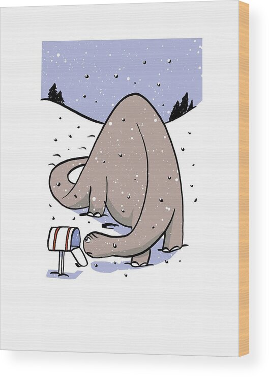 Holiday Wood Print featuring the drawing Dinosaur Mail Holiday Card by Tom Bachtell